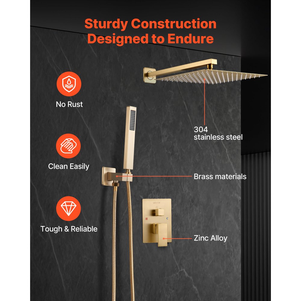 VEVOR Set Doccia, Sistema Doccia a Pioggia per Bagno con Soffione Quadrato da 30,5 cm e Doccetta, Accessori per Vasca da Parete con Valvola in Ottone e Kit di Finitura, Oro Spazzolato