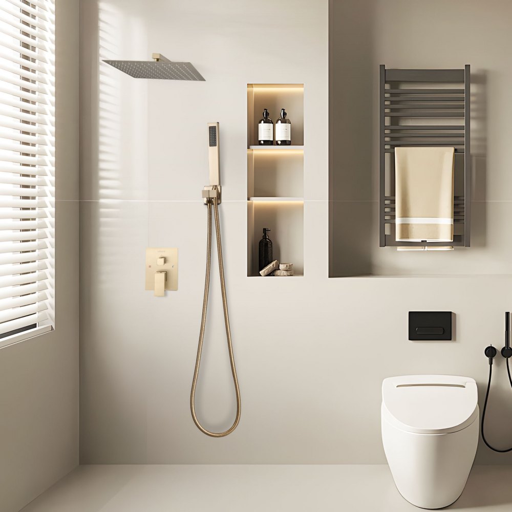 VEVOR Set Doccia, Sistema Doccia a Pioggia per Bagno con Soffione Quadrato da 30,5 cm e Doccetta, Accessori per Vasca da Parete con Valvola in Ottone e Kit di Finitura, Oro Spazzolato