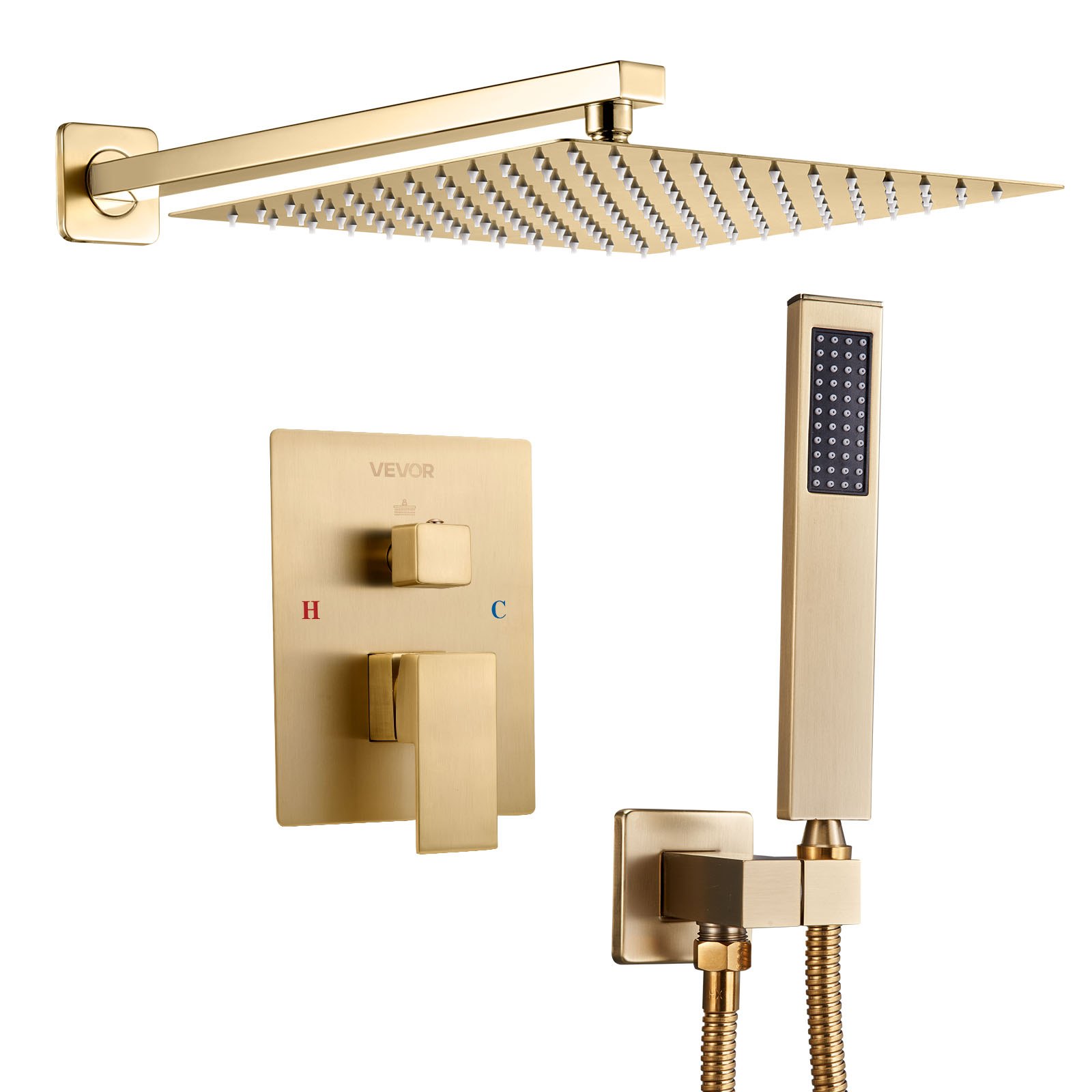 VEVOR Set Doccia, Sistema Doccia a Pioggia per Bagno con Soffione Quadrato da 25,4 cm e Doccetta, Accessori per Vasca da Parete con Valvola in Ottone e Kit di Finitura, Oro Spazzolato