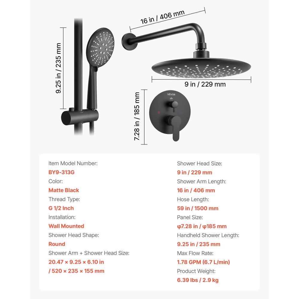VEVOR Shower Faucet Set, Rainfall Bathroom Shower System with 9-Inch (23cm) Round Rain Shower Head and Handheld Spray, Wall Mounted Bath Fixtures with Brass Valve and Trim Kit, Matte Black