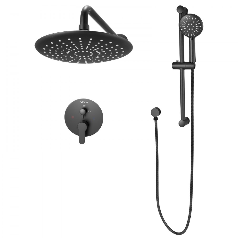 VEVOR Shower Faucet Set, Rainfall Bathroom Shower System with 9-Inch (23cm) Round Rain Shower Head and Handheld Spray, Wall Mounted Bath Fixtures with Brass Valve and Trim Kit, Matte Black