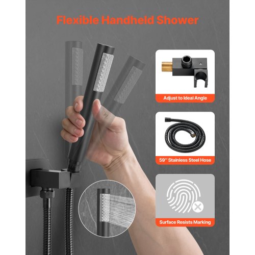 Sistema Doccia Nero Opaco Con Soffione Quadrato A Pioggia 30,5 Cm E Maniglia: Rubinetteria Per Bagno Con Valvola Miscelatrice In Ottone E Tubo Flessibile Da 180 Cm. Garanzia 10 Anni.