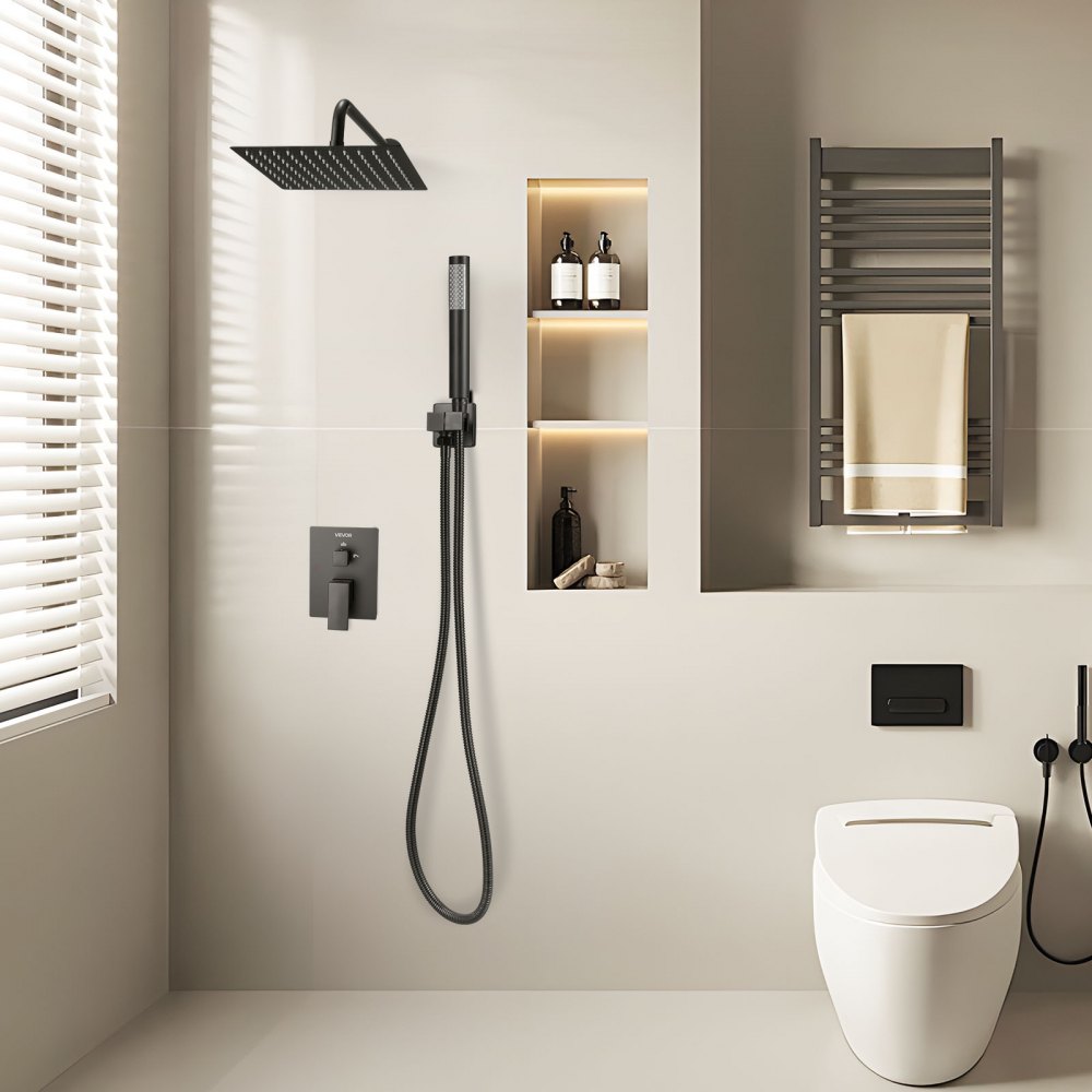 VEVOR Shower Faucet Set, Rainfall Bathroom Shower System with 10-Inch (25.4cm) Square Rain Shower Head and Handheld Spray, Wall Mounted Bath Fixtures with Brass Valve and Trim Kit, Matte Black