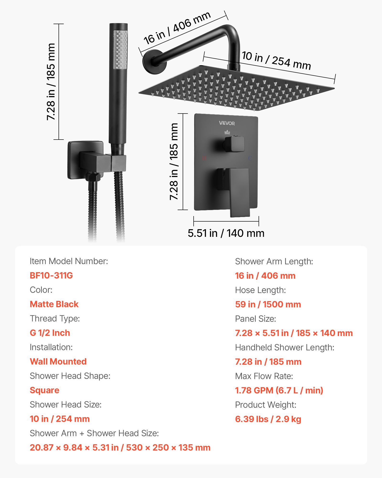 VEVOR Shower Faucet Set, Rainfall Bathroom Shower System with 10-Inch (25.4cm) Square Rain Shower Head and Handheld Spray, Wall Mounted Bath Fixtures with Brass Valve and Trim Kit, Matte Black