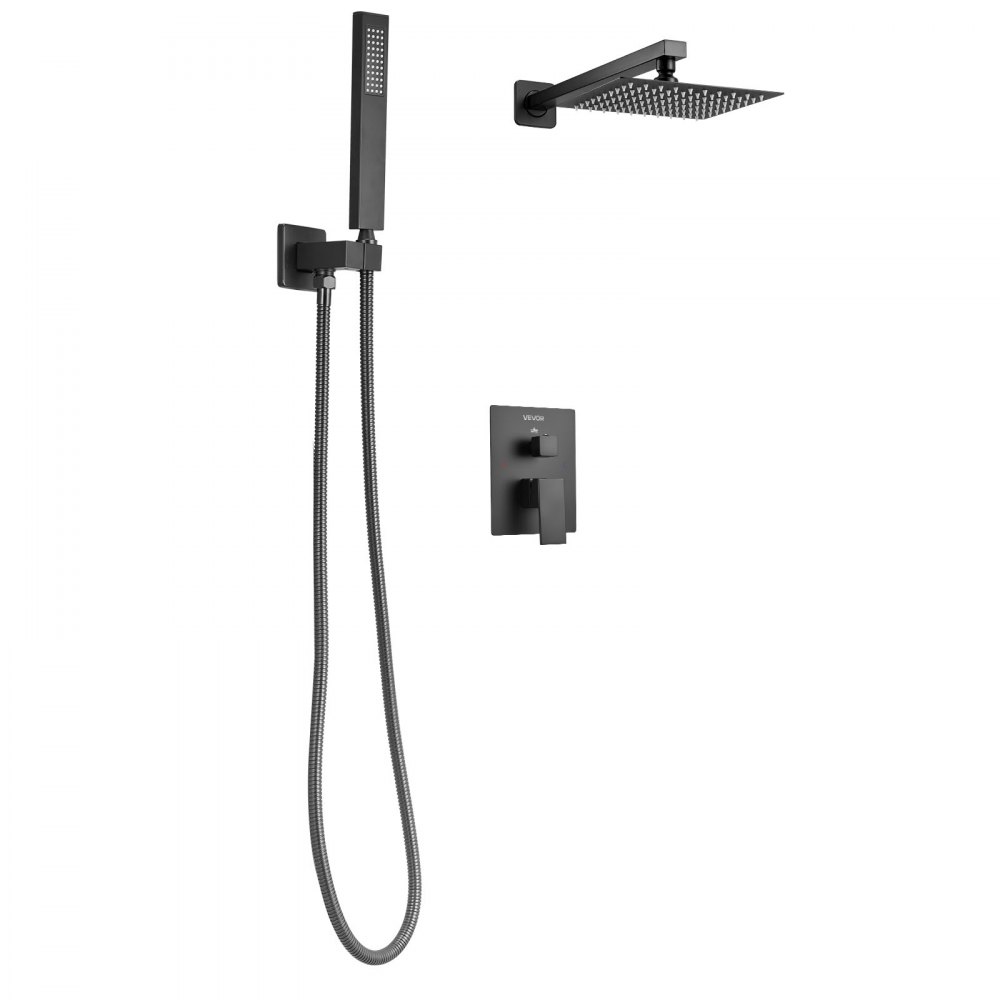 VEVOR Set Doccia, Flessibile Sistema Doccia a Pioggia per Bagno con Soffione Quadrato da 20,3 cm e Doccetta, Accessori per Vasca da Parete con Valvola in Ottone e Kit di Finitura, Nero Opaco
