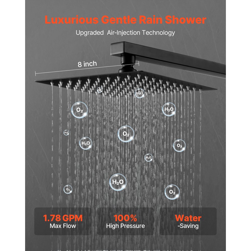 VEVOR Set Doccia, Flessibile Sistema Doccia a Pioggia per Bagno con Soffione Quadrato da 20,3 cm e Doccetta, Accessori per Vasca da Parete con Valvola in Ottone e Kit di Finitura, Nero Opaco