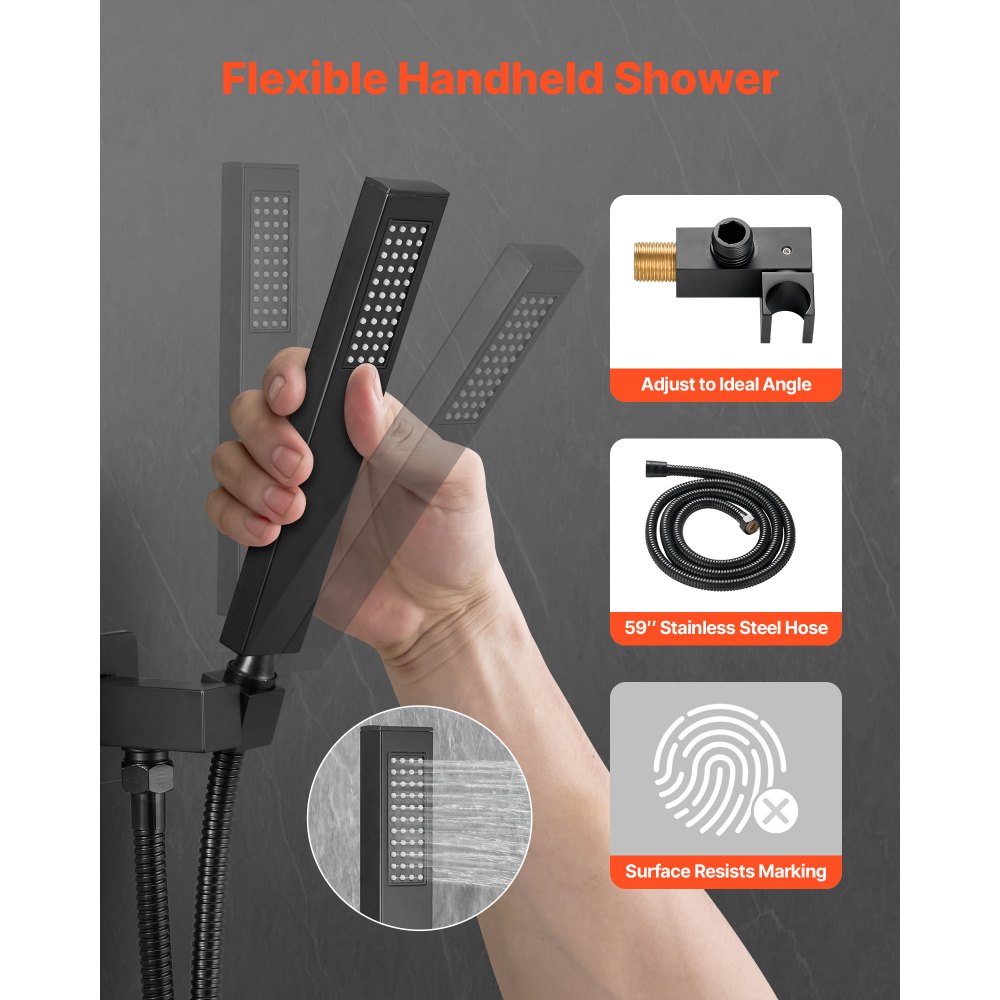 VEVOR Set Doccia, Flessibile Sistema Doccia a Pioggia per Bagno con Soffione Quadrato da 20,3 cm e Doccetta, Accessori per Vasca da Parete con Valvola in Ottone e Kit di Finitura, Nero Opaco
