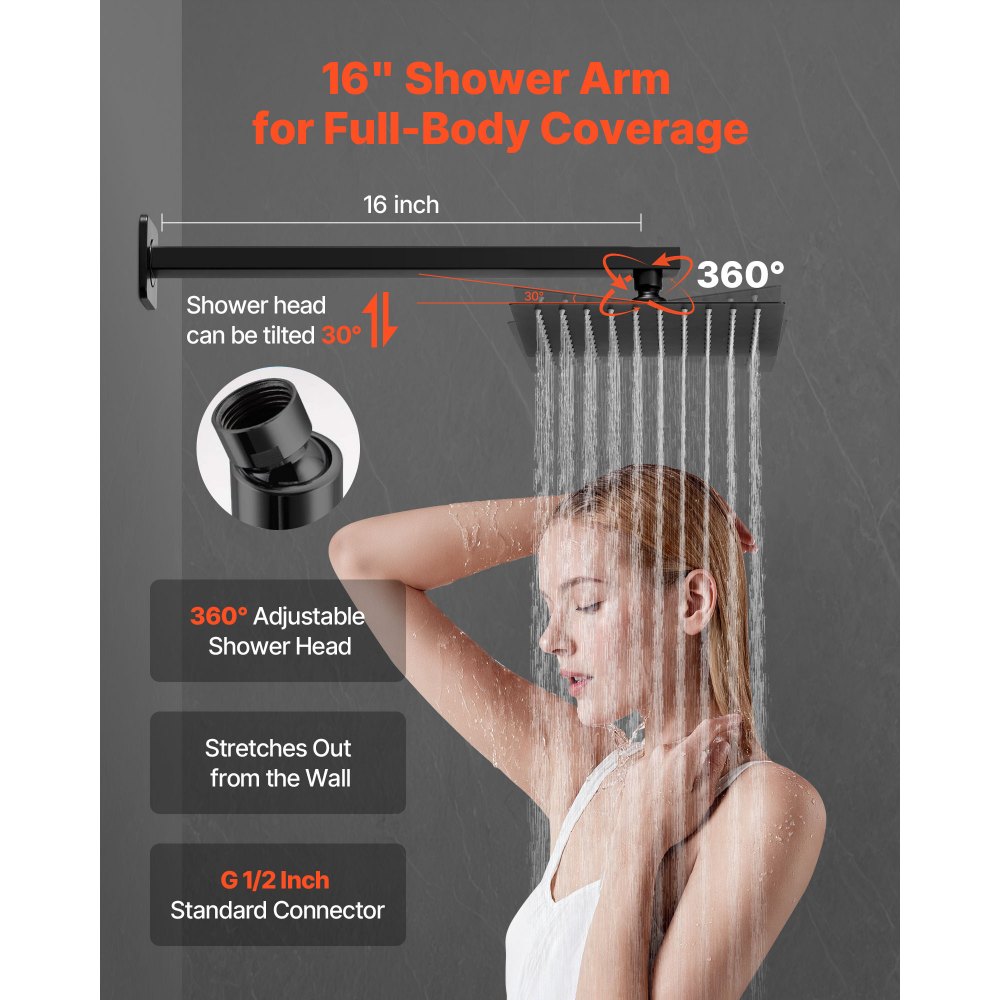 VEVOR Set Doccia, Flessibile Sistema Doccia a Pioggia per Bagno con Soffione Quadrato da 20,3 cm e Doccetta, Accessori per Vasca da Parete con Valvola in Ottone e Kit di Finitura, Nero Opaco