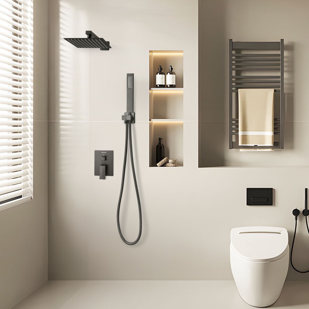 VEVOR Set Doccia, Flessibile Sistema Doccia a Pioggia per Bagno con Soffione Quadrato da 20,3 cm e Doccetta, Accessori per Vasca da Parete con Valvola in Ottone e Kit di Finitura, Nero Opaco