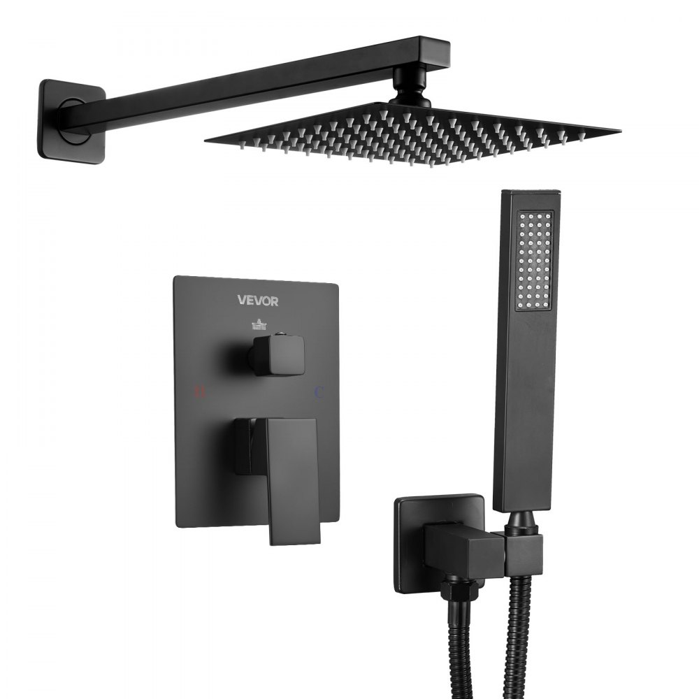 VEVOR Set Doccia, Flessibile Sistema Doccia a Pioggia per Bagno con Soffione Quadrato da 20,3 cm e Doccetta, Accessori per Vasca da Parete con Valvola in Ottone e Kit di Finitura, Nero Opaco