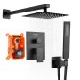 VEVOR Set Doccia, Flessibile Sistema Doccia a Pioggia per Bagno con Soffione Quadrato da 20,3 cm e Doccetta, Accessori per Vasca da Parete con Valvola in Ottone e Kit di Finitura, Nero Opaco