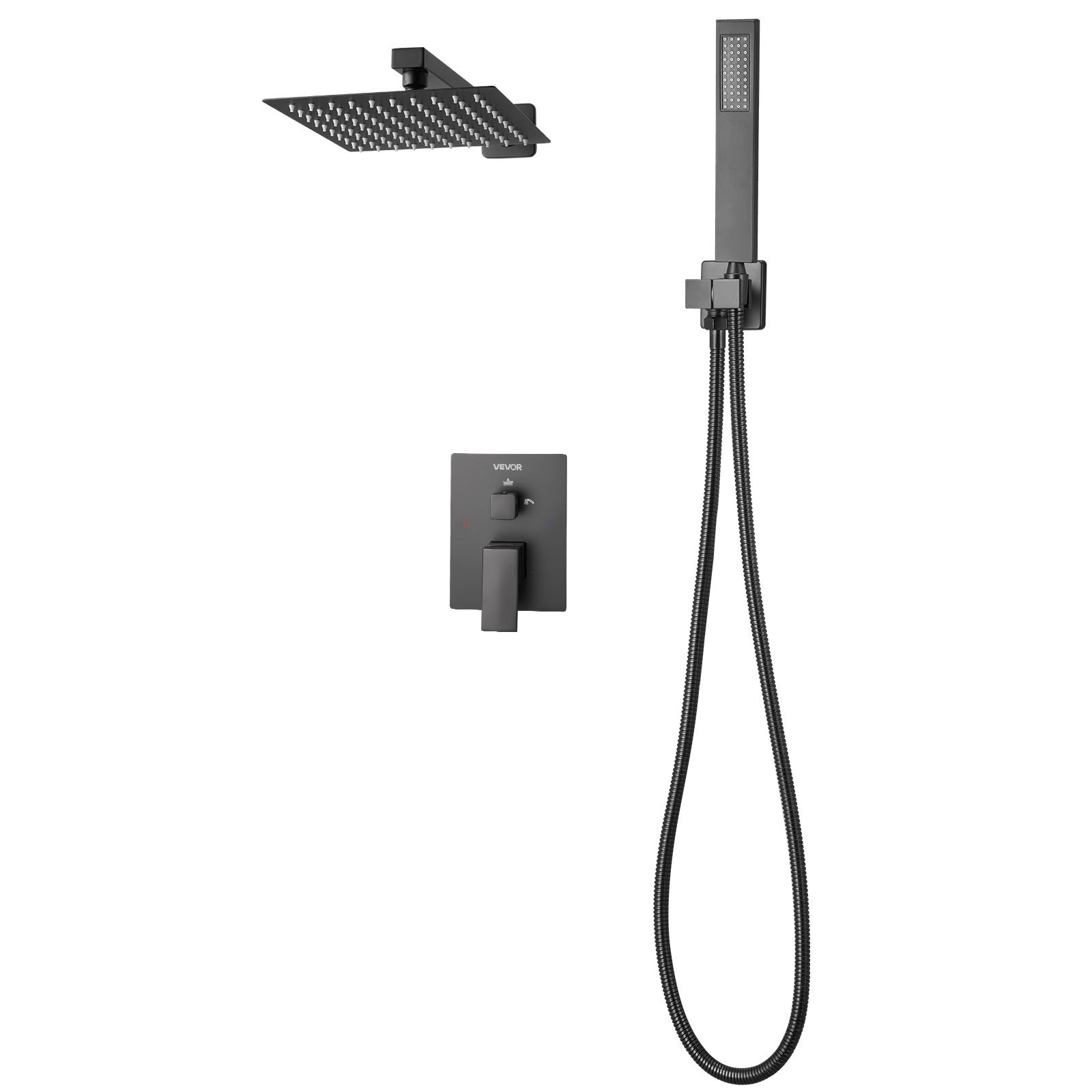 VEVOR Set Doccia, Flessibile Sistema Doccia a Pioggia per Bagno con Soffione Quadrato da 20,3 cm e Doccetta, Accessori per Vasca da Parete con Valvola in Ottone e Kit di Finitura, Nero Opaco