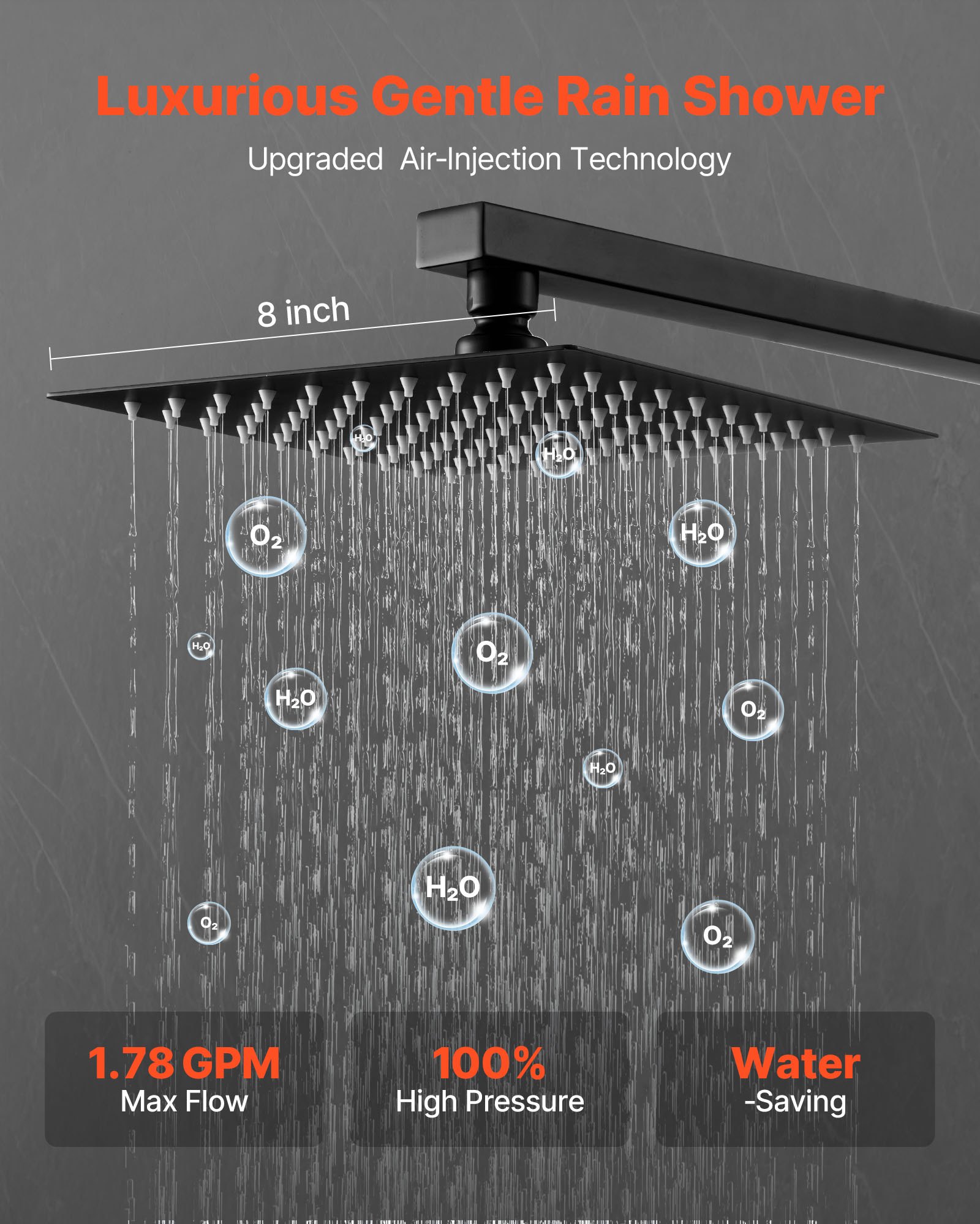 VEVOR Set Doccia, Flessibile Sistema Doccia a Pioggia per Bagno con Soffione Quadrato da 20,3 cm e Doccetta, Accessori per Vasca da Parete con Valvola in Ottone e Kit di Finitura, Nero Opaco