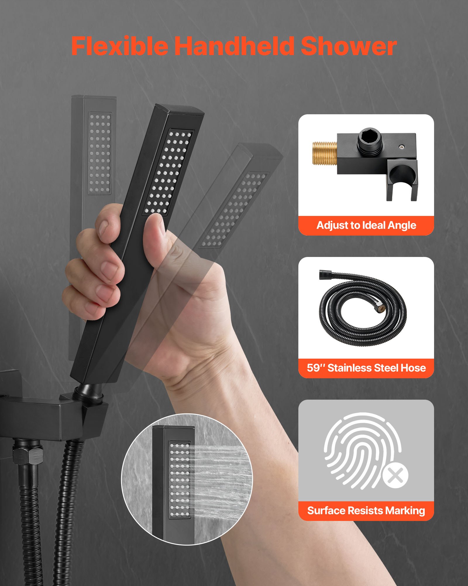 VEVOR Set Doccia, Flessibile Sistema Doccia a Pioggia per Bagno con Soffione Quadrato da 20,3 cm e Doccetta, Accessori per Vasca da Parete con Valvola in Ottone e Kit di Finitura, Nero Opaco