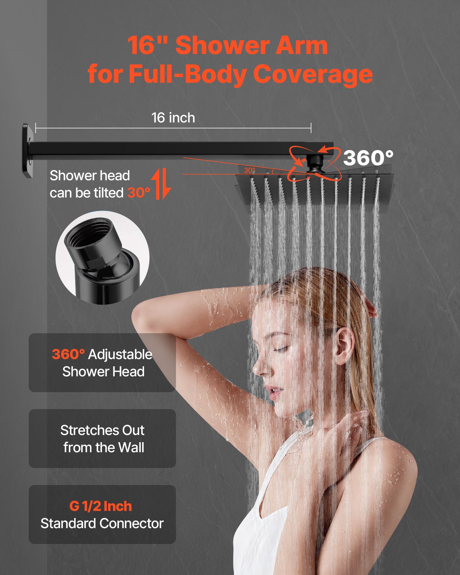 VEVOR Set Doccia, Flessibile Sistema Doccia a Pioggia per Bagno con Soffione Quadrato da 20,3 cm e Doccetta, Accessori per Vasca da Parete con Valvola in Ottone e Kit di Finitura, Nero Opaco