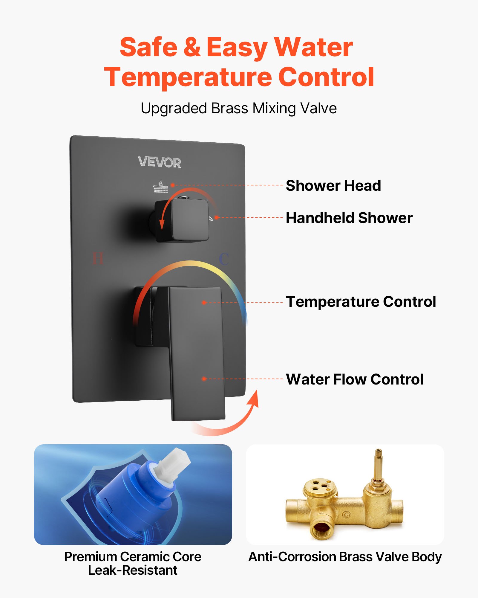 VEVOR Set Doccia, Flessibile Sistema Doccia a Pioggia per Bagno con Soffione Quadrato da 20,3 cm e Doccetta, Accessori per Vasca da Parete con Valvola in Ottone e Kit di Finitura, Nero Opaco