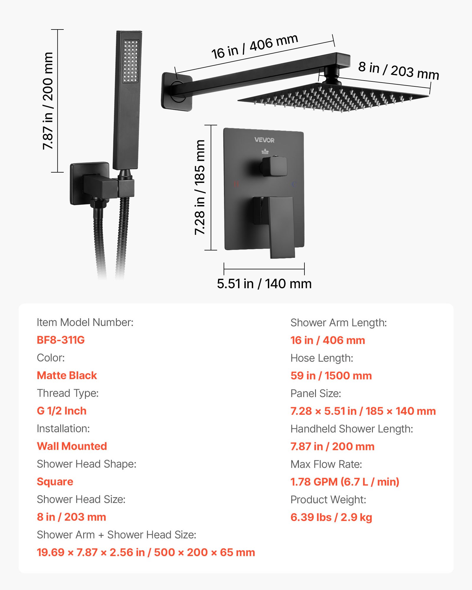 VEVOR Set Doccia, Flessibile Sistema Doccia a Pioggia per Bagno con Soffione Quadrato da 20,3 cm e Doccetta, Accessori per Vasca da Parete con Valvola in Ottone e Kit di Finitura, Nero Opaco