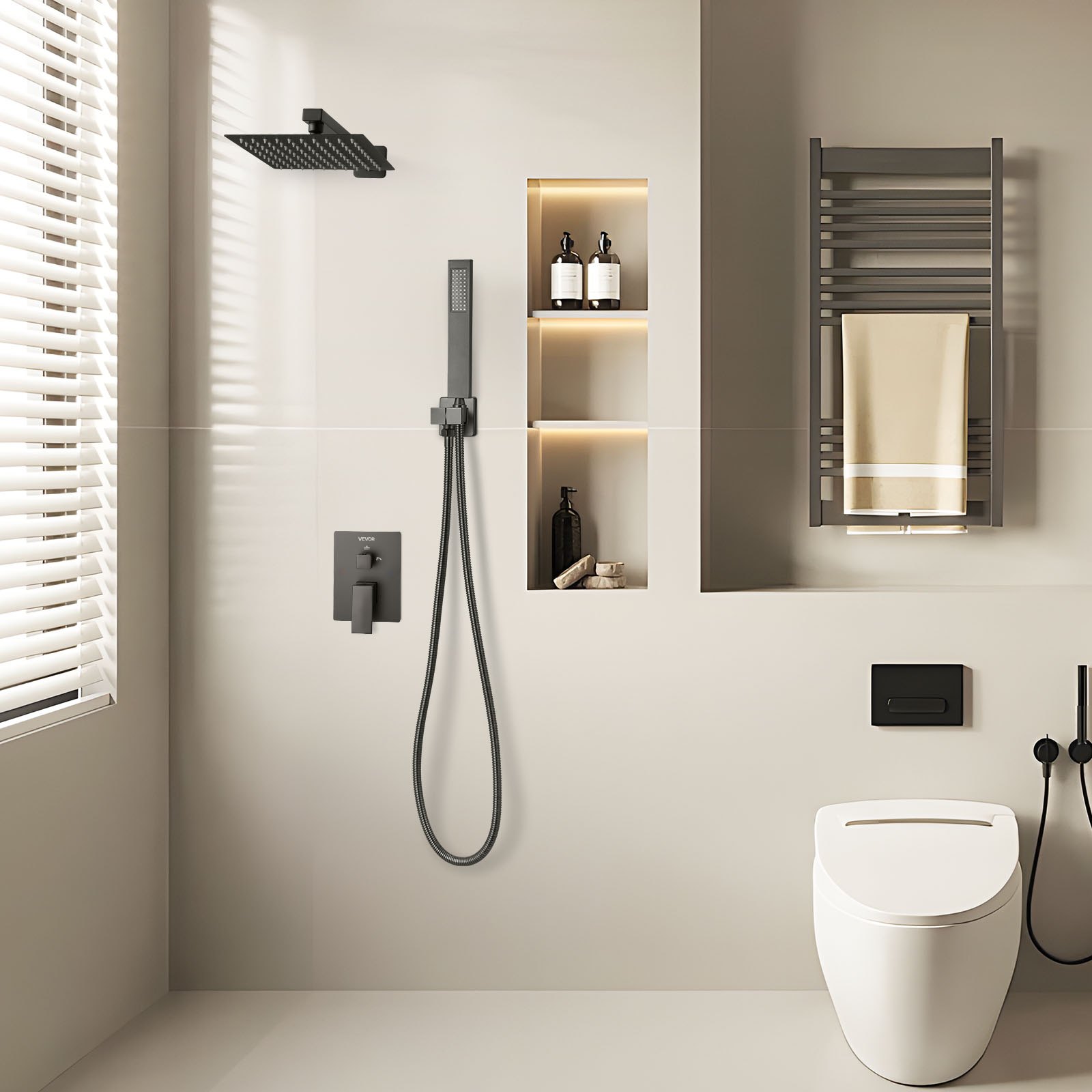 VEVOR Set Doccia, Flessibile Sistema Doccia a Pioggia per Bagno con Soffione Quadrato da 20,3 cm e Doccetta, Accessori per Vasca da Parete con Valvola in Ottone e Kit di Finitura, Nero Opaco