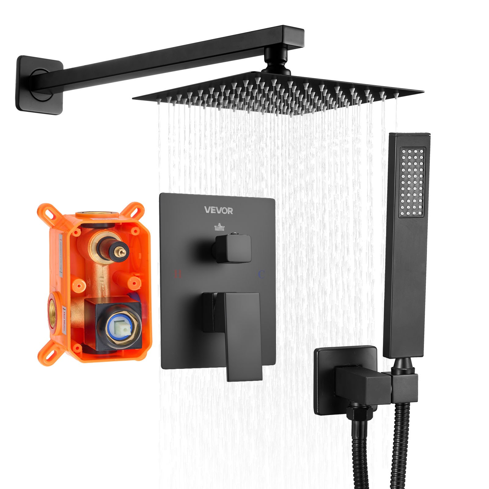 VEVOR Set Doccia, Flessibile Sistema Doccia a Pioggia per Bagno con Soffione Quadrato da 20,3 cm e Doccetta, Accessori per Vasca da Parete con Valvola in Ottone e Kit di Finitura, Nero Opaco