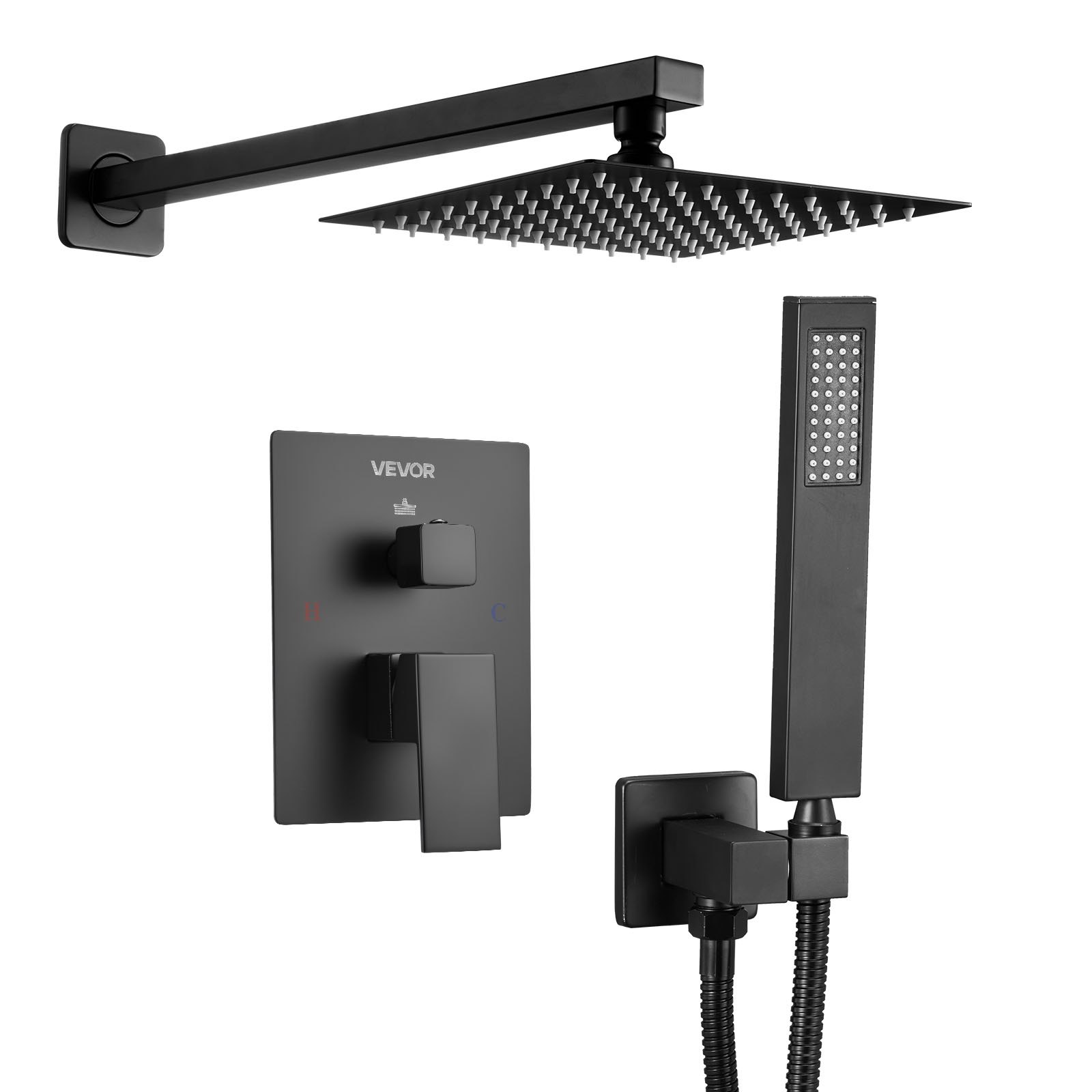 VEVOR Set Doccia, Flessibile Sistema Doccia a Pioggia per Bagno con Soffione Quadrato da 20,3 cm e Doccetta, Accessori per Vasca da Parete con Valvola in Ottone e Kit di Finitura, Nero Opaco