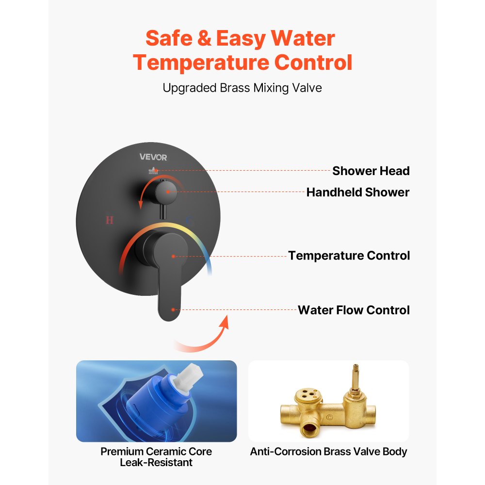 VEVOR Shower Faucet Set, Rainfall Bathroom Shower System with 12-Inch (30.5cm) Round Rain Shower Head and Handheld Spray, Wall Mounted Bath Fixtures with Brass Valve and Trim Kit, Matte Black