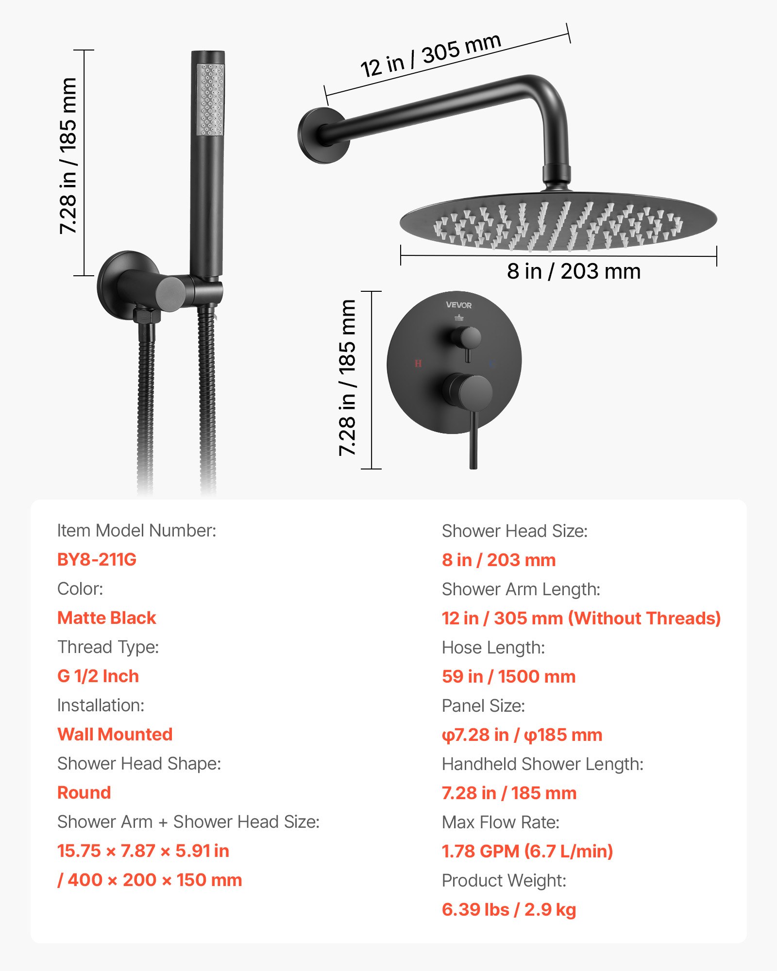 VEVOR Shower Faucet Set, Rainfall Bathroom Shower System with 8-Inch (20.3cm) Round Rain Shower Head and Handheld Spray, Wall Mounted Bath Fixtures with Brass Valve and Trim Kit, Matte Black