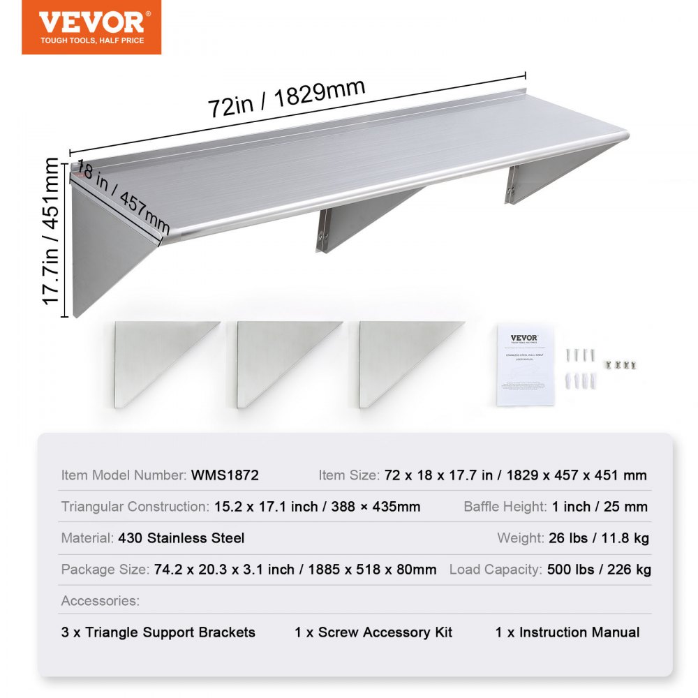 VEVOR Mensola da Parete in Acciaio Inox 1829 x 457 x 63 mm Scaffale Murale per Cucina Bagno Soggiorno Capacità Carico Max. 226 kg, Mensola da Parete Portaoggetti Portaspezie in Acciaio Inox per Cucina