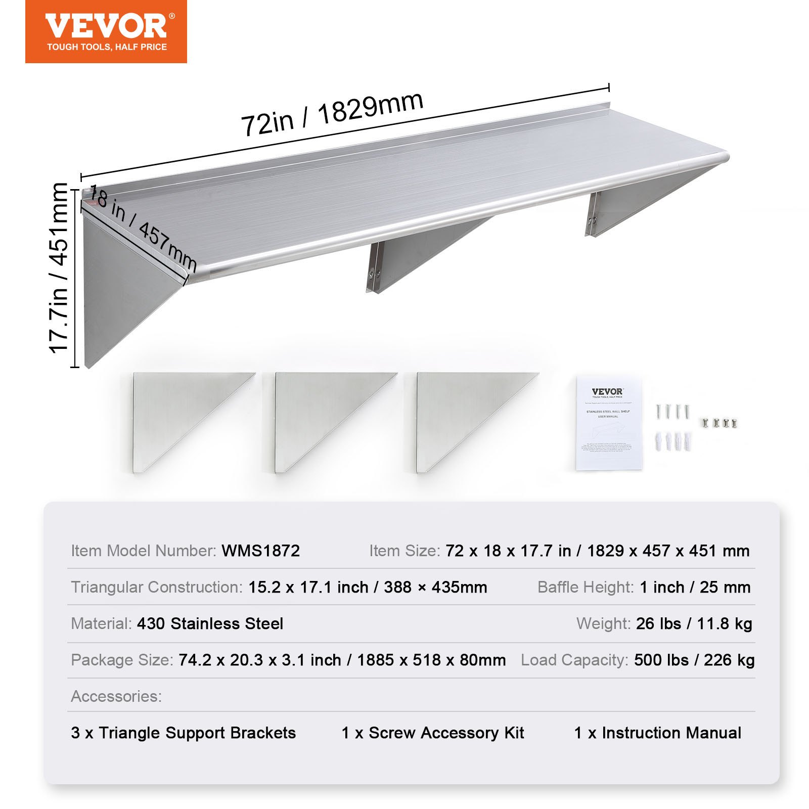 VEVOR Mensola da Parete in Acciaio Inox 1829 x 457 x 63 mm Scaffale Murale per Cucina Bagno Soggiorno Capacità Carico Max. 226 kg, Mensola da Parete Portaoggetti Portaspezie in Acciaio Inox per Cucina