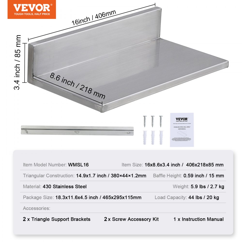 VEVOR Mensola da Parete a Forma di L Acciaio Inox 406 x 218 x 85mm Scaffale Murale per Cucina Soggiorno Capacità Carico Max. 20kg, Mensola da Parete Portaoggetti Portaspezie in Acciaio Inox per Cucina