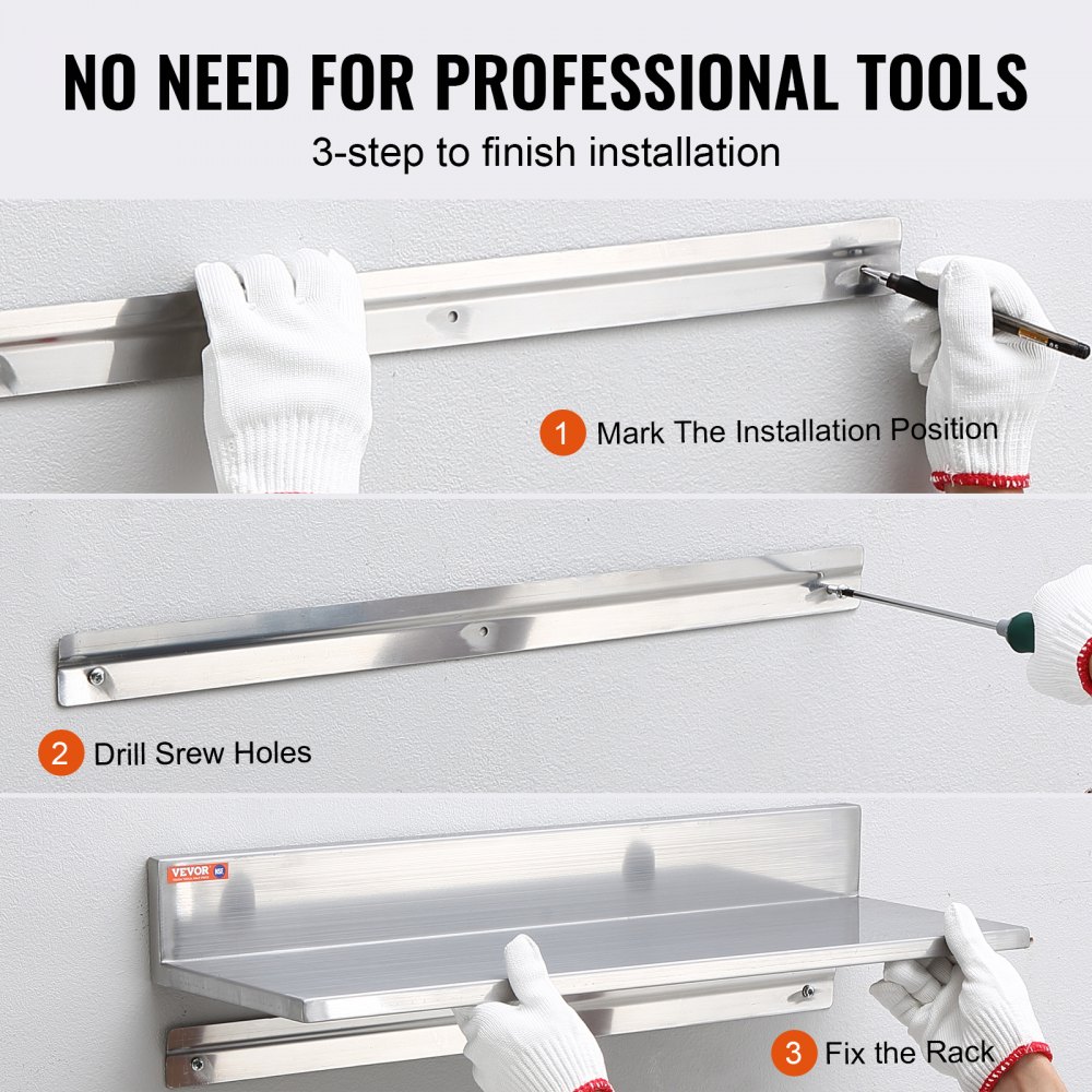 VEVOR Mensola da Parete a Forma di L 2 Pezzi Acciaio Inox 762 x 218 x 85mm Scaffale Murale per Cucina Capacità Carico Max. 20kg, Mensola da Parete Portaoggetti Portaspezie in Acciaio Inox per Cucina