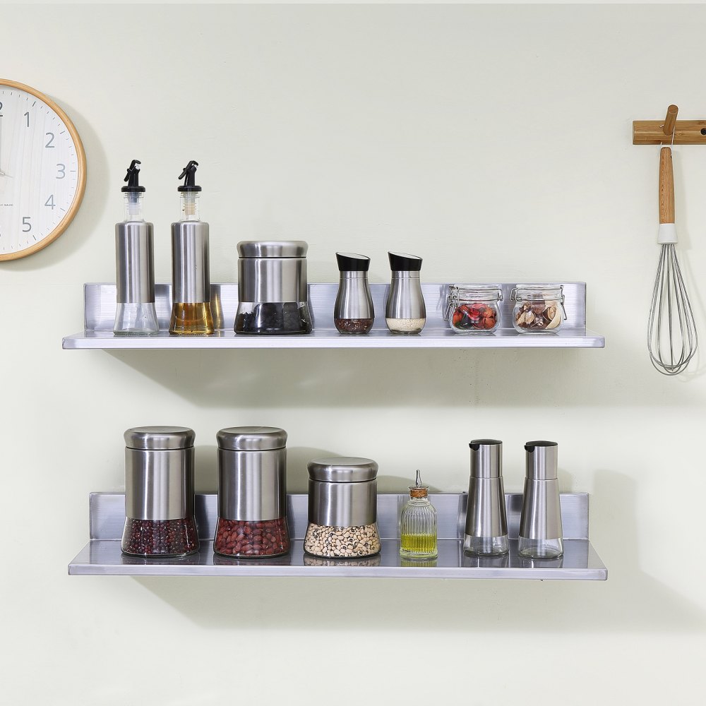 VEVOR Mensola da Parete a Forma di L 2 Pezzi Acciaio Inox 762 x 218 x 85mm Scaffale Murale per Cucina Capacità Carico Max. 20kg, Mensola da Parete Portaoggetti Portaspezie in Acciaio Inox per Cucina
