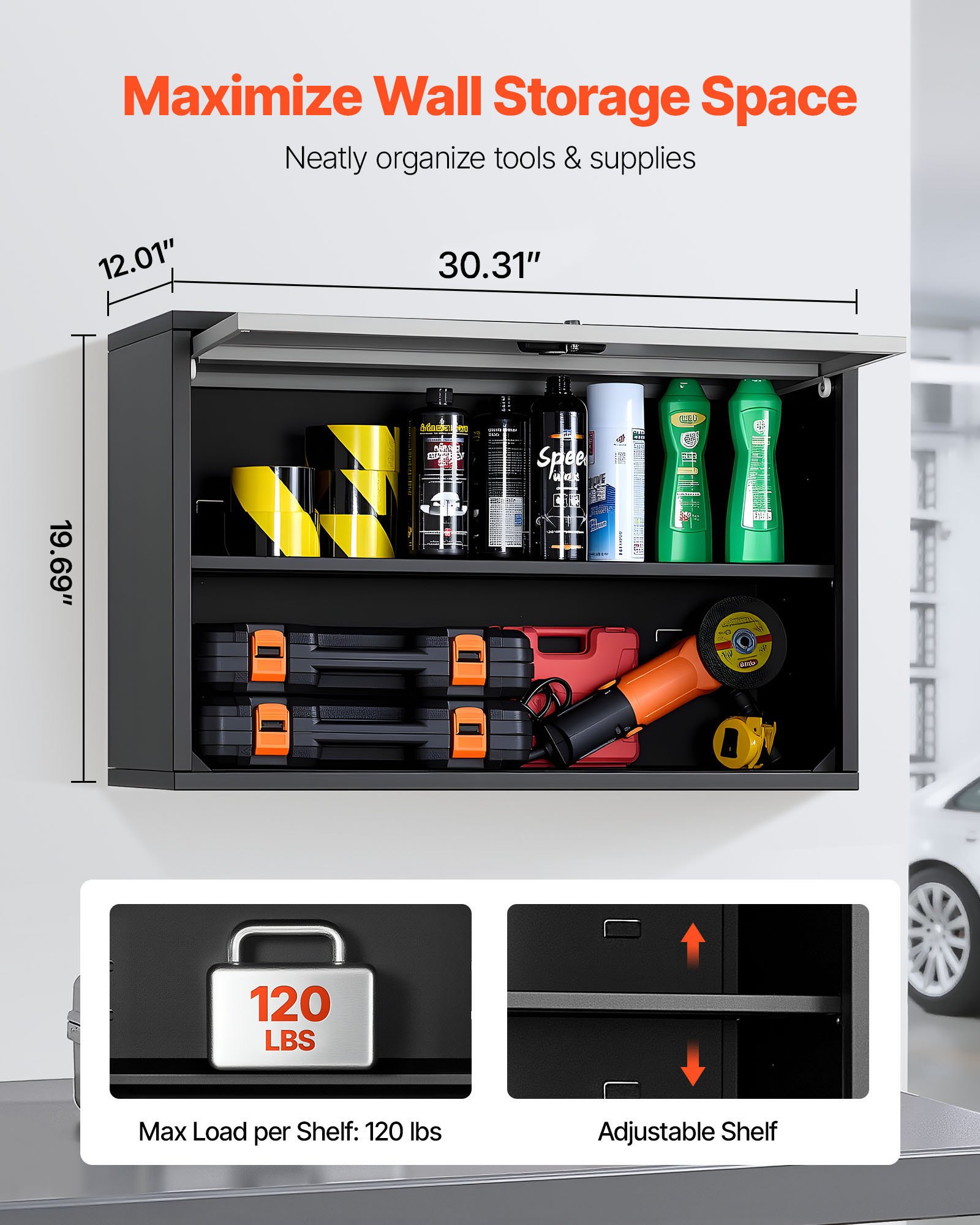 VEVOR Mobiletto da Parete in Metallo, 770 x 305 x 500 mm, Mobiletto Portautensili Sospeso con Ante a Ribalta e Ripiano, Capacità di Carico 108,9 kg per Garage, Cantina, Cucina, Montaggio Richiesto