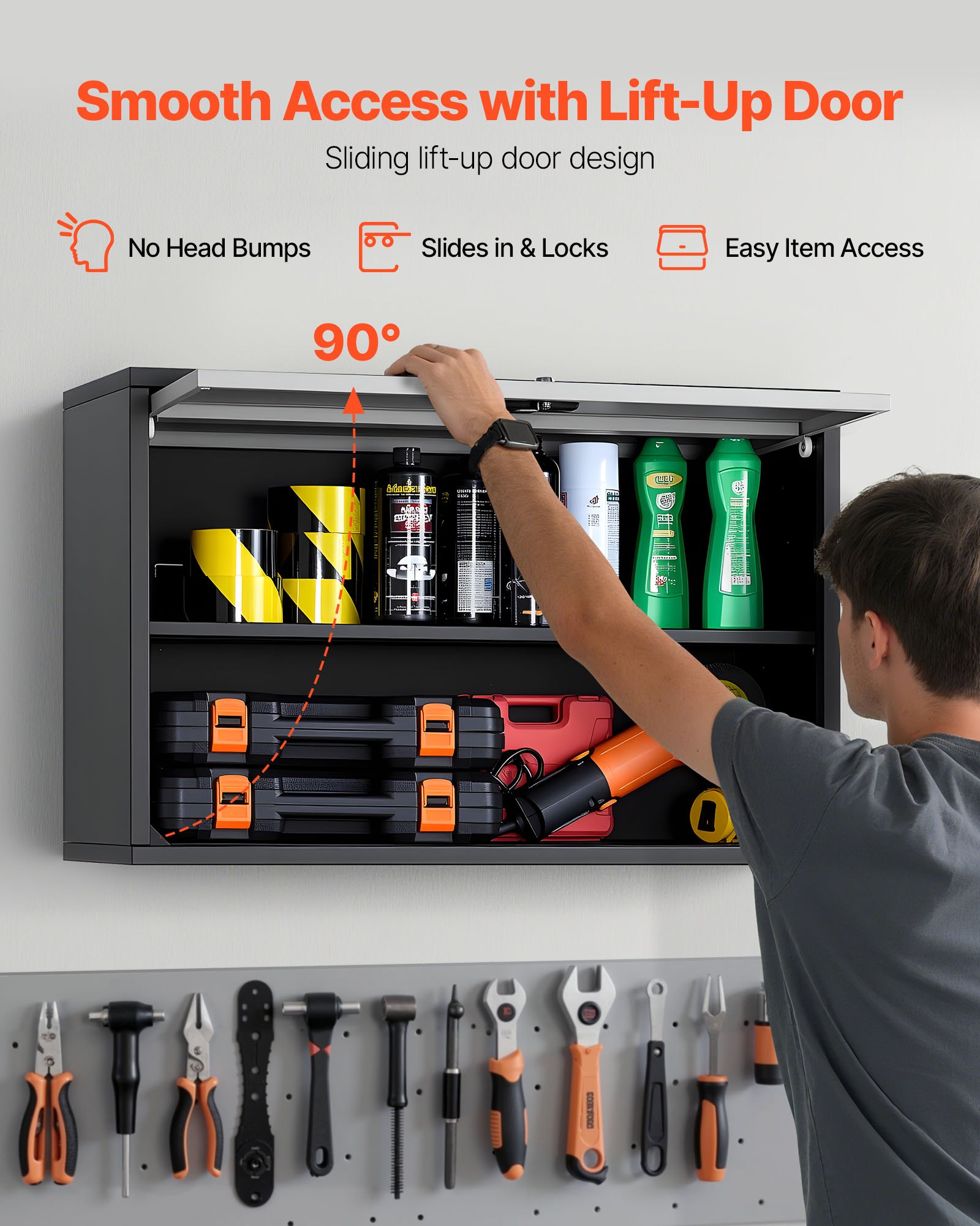 VEVOR Metal Wall Cabinet, 77W x 30.5D x 50H cm, Floating Garage Tool Cabinet with Up-Flip Door and Shelf, 108.9 kg Load Capacity, Fit for Garage, Basement, Kitchen, Warehouse Assembly Required