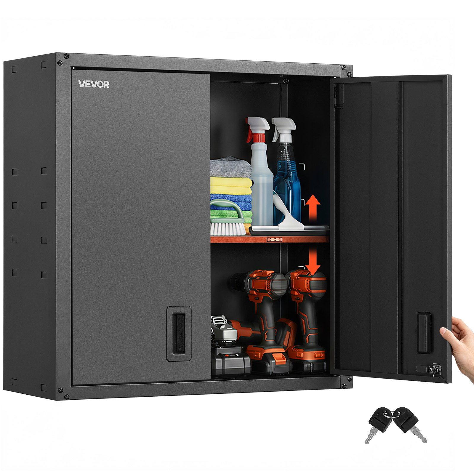 VEVOR Mobiletto da Parete in Metallo,  762 x 310 x 762 mm, Mobiletto Sospeso in Acciaio con Ante con Serratura e Ripiano Regolabile per Garage, Cantina, Cucina, Montaggio Richiesto, Nero