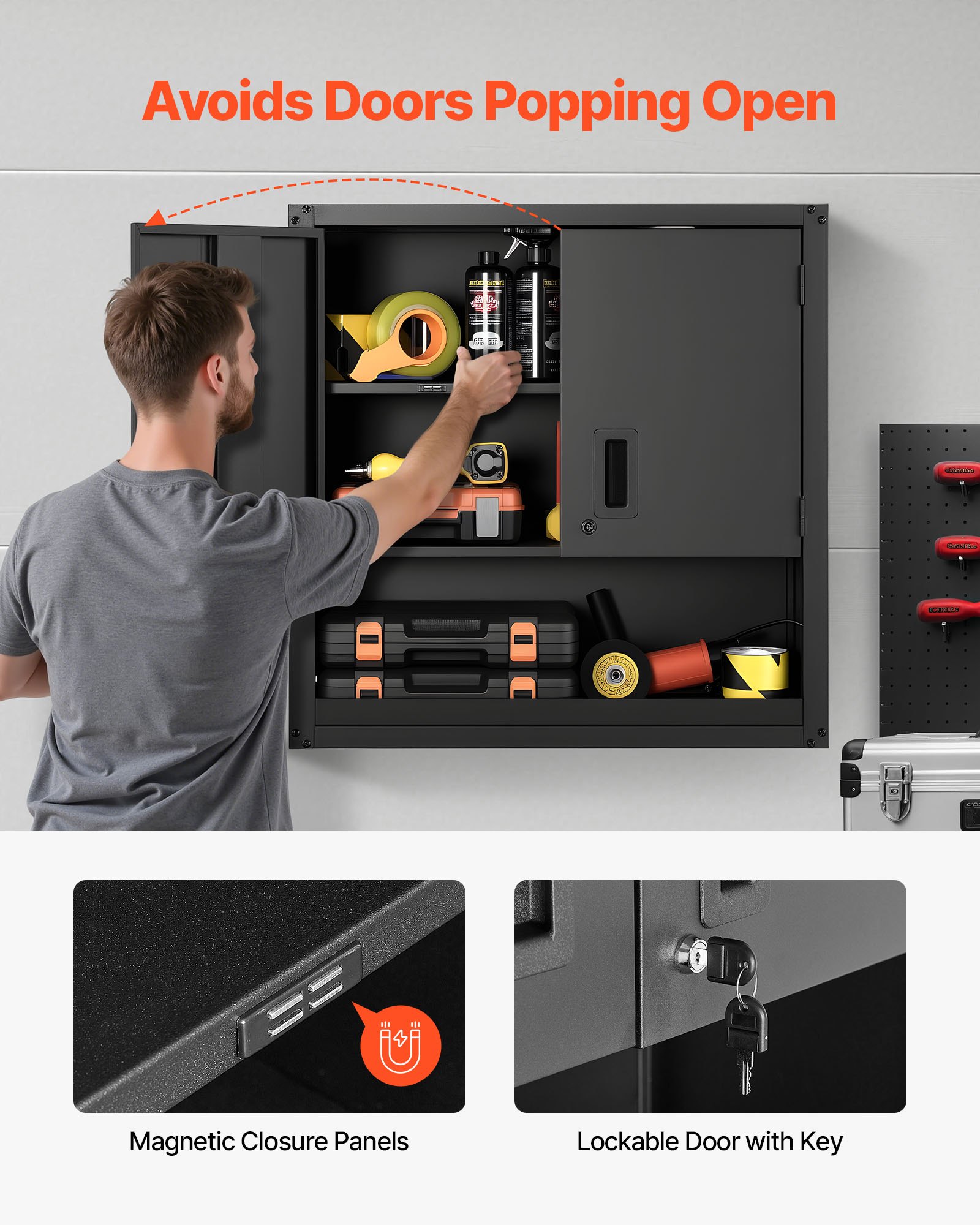 VEVOR Mobiletto da Parete in Metallo,  762 x 305 x 762 mm, Mobiletto Sospeso in Acciaio con Ante con Serratura e Ripiano Regolabile per Garage, Cantina, Cucina, Montaggio Richiesto, Nero