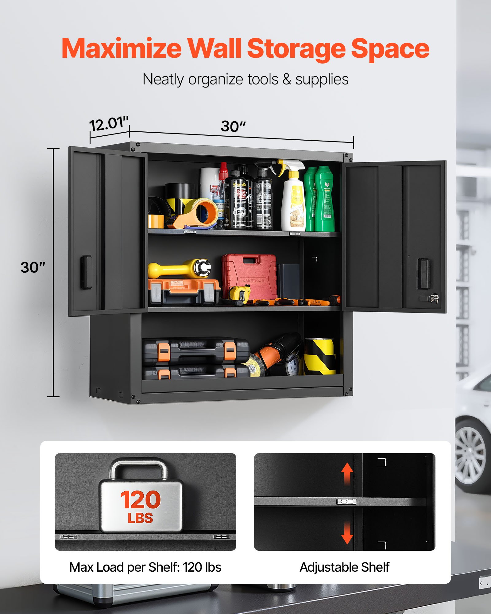 VEVOR Mobiletto da Parete in Metallo,  762 x 305 x 762 mm, Mobiletto Sospeso in Acciaio con Ante con Serratura e Ripiano Regolabile per Garage, Cantina, Cucina, Montaggio Richiesto, Nero