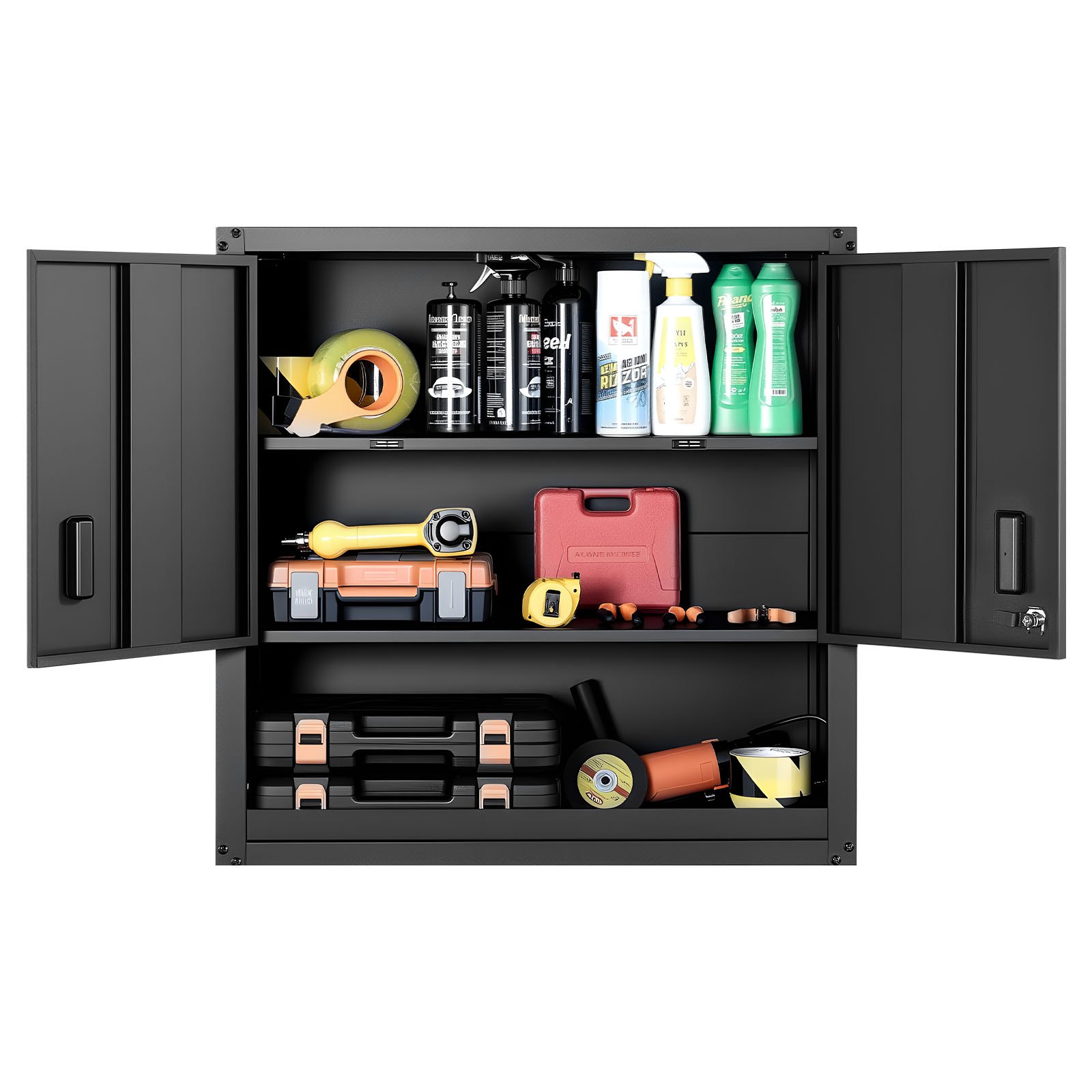 VEVOR Mobiletto da Parete in Metallo,  762 x 305 x 762 mm, Mobiletto Sospeso in Acciaio con Ante con Serratura e Ripiano Regolabile per Garage, Cantina, Cucina, Montaggio Richiesto, Nero