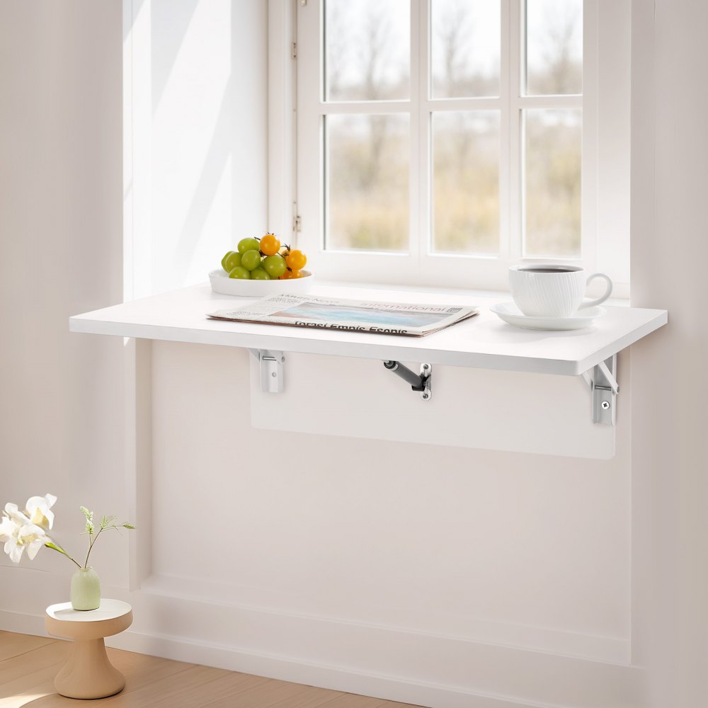 VEVOR Wall-Mounted Folding Table, 60 x 40 cm, Folding Table, Floating Desk with Iron Bracket, Fold-Down Desk for Small Spaces, Home Office, Dining Room, Laundry Room, Kitchen, Bar, White