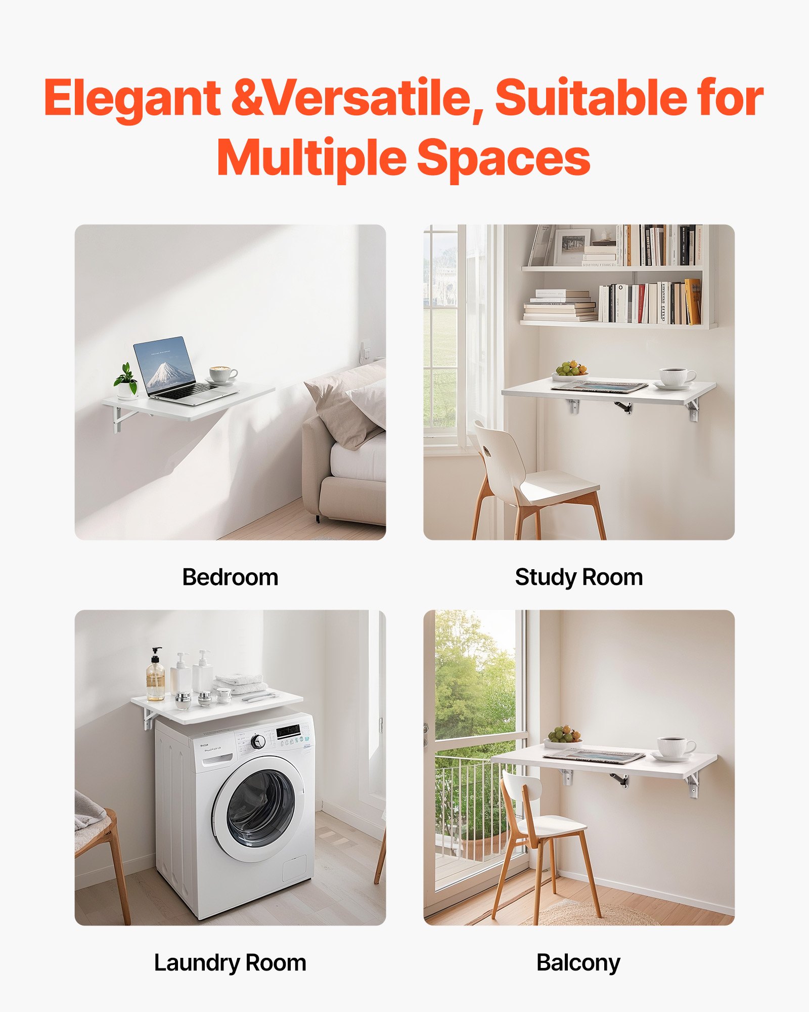 VEVOR Wall-Mounted Folding Table, 60 x 40 cm, Folding Table, Floating Desk with Iron Bracket, Fold-Down Desk for Small Spaces, Home Office, Dining Room, Laundry Room, Kitchen, Bar, White