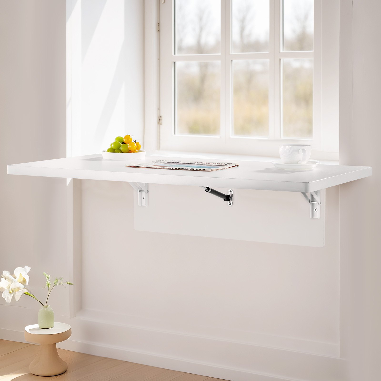VEVOR Wall-Mounted Folding Table, 90 x 50 cm, Folding Table, Floating Desk with Iron Bracket, Fold-Down Desk for Small Spaces, Home Office, Dining Room, Laundry Room, Kitchen, Bar, White