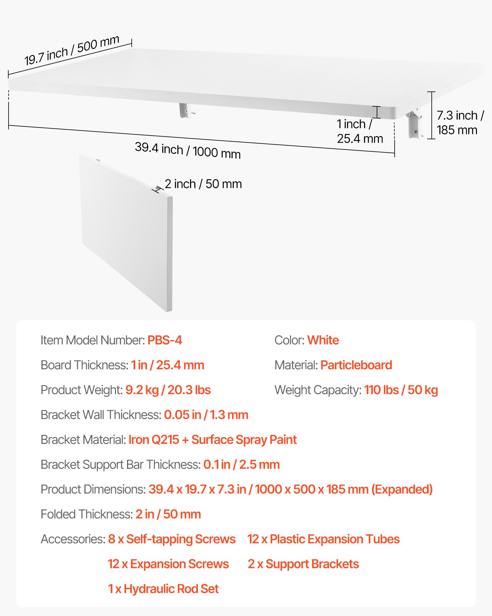 VEVOR Tavolo Pieghevole a Parete, Tavolo a Ribalta Montaggio a Parete 100 x 50 cm, Scrivania Galleggiante Staffa in Ferro, Scrivania Pieghevole per Ufficio Domestico, Sala da Pranzo Cucina Bar Bianco