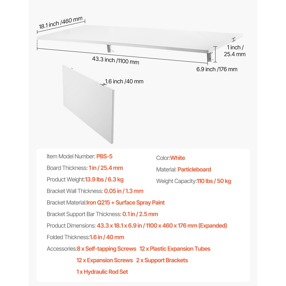 VEVOR Tavolo Pieghevole a Parete, Tavolo a Ribalta Montaggio a Parete 110 x 46 cm Scrivania Galleggiante Staffa in Ferro, Scrivania Pieghevole per Ufficio Domestico, Sala da Pranzo Cucina Bar Bianco