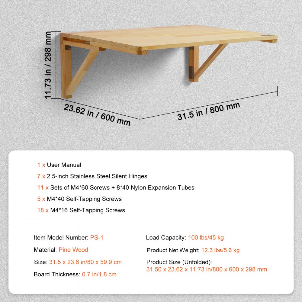 VEVOR Wall-Mounted Folding Table, 80 x 60 cm, Wall Mounted, Folding Table, Floating Wooden Desk with Iron Bracket, Collapsible Desk for Home Office, Dining Room, Laundry Room, Kitchen, Bar