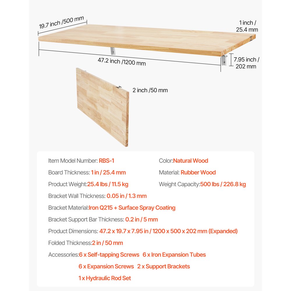 VEVOR Wall-Mounted Folding Desk, 120 x 50 cm, Floating Wooden Desk with Iron Bracket, Collapsible Desk for Small Spaces, Home Office, Dining Room, Laundry Room, Kitchen, Bar