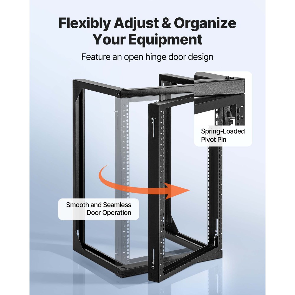 VEVOR Armadio Rack da Parete 15U, Capacità di 68,04 kg, Rack di Rete a Telaio Aperto con Apertura di 180 Gradi, Acciaio al Carbonio, per Apparecchiature di Rete, Nero Profondità 455 mm