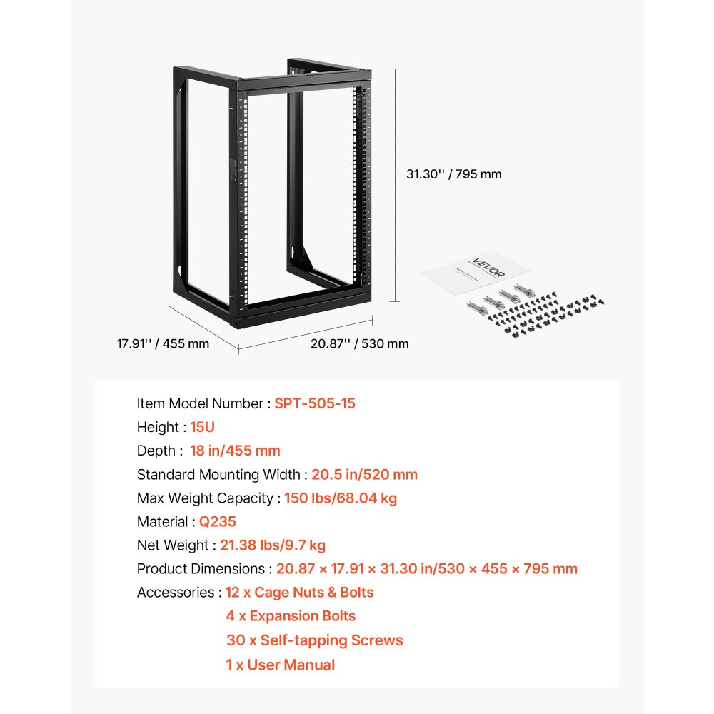 VEVOR Armadio Rack da Parete 15U, Capacità di 68,04 kg, Rack di Rete a Telaio Aperto con Apertura di 180 Gradi, Acciaio al Carbonio, per Apparecchiature di Rete, Nero Profondità 455 mm