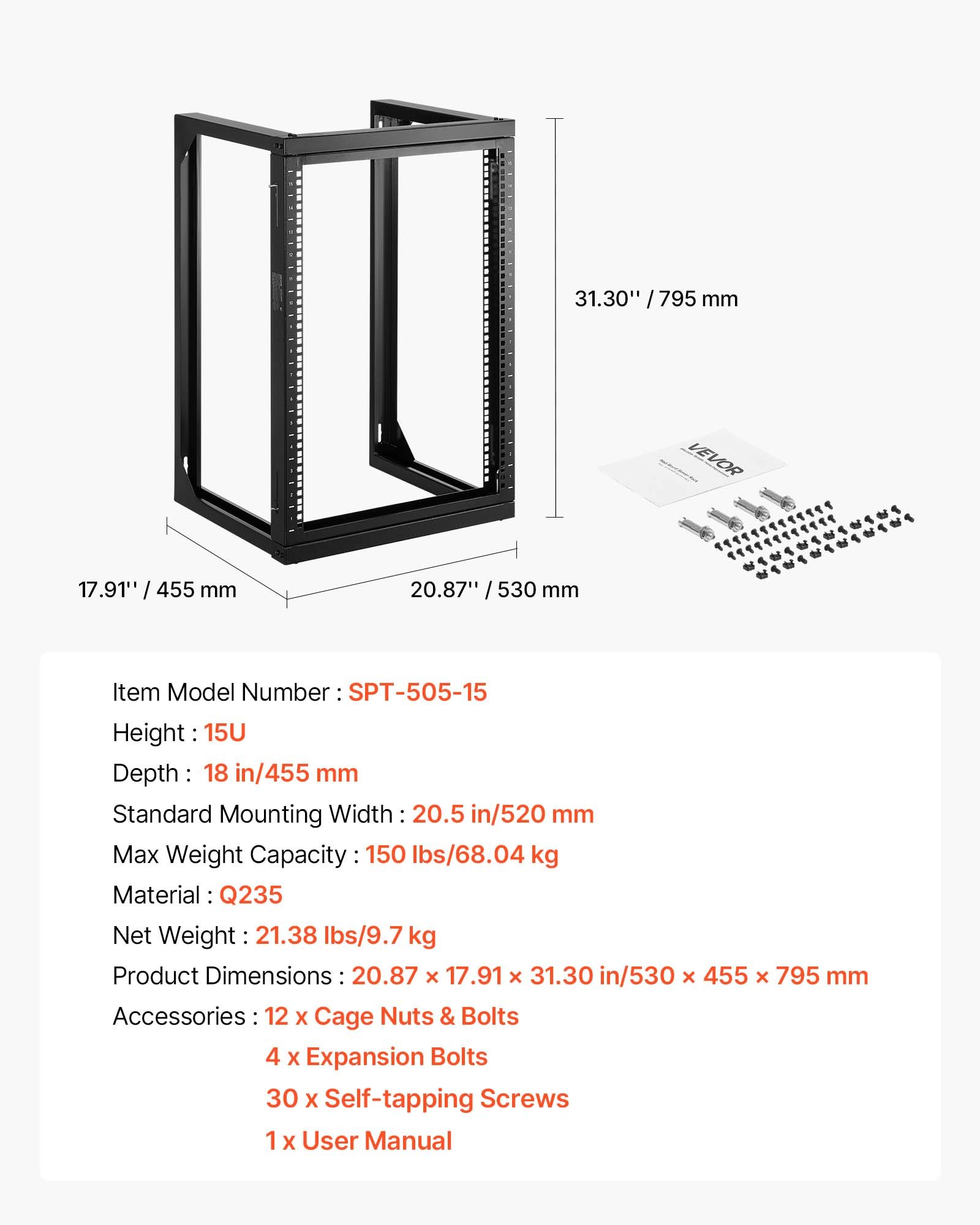 VEVOR Armadio Rack da Parete 15U, Capacità di 68,04 kg, Rack di Rete a Telaio Aperto con Apertura di 180 Gradi, Acciaio al Carbonio, per Apparecchiature di Rete, Nero Profondità 455 mm