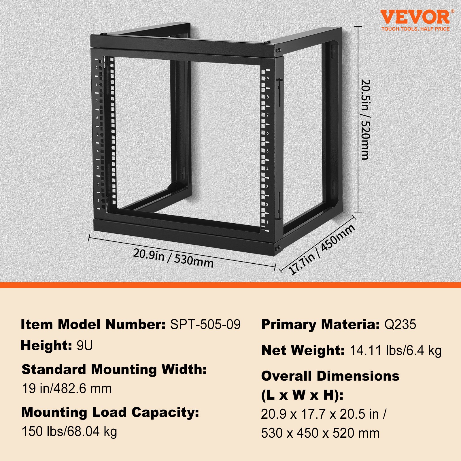 VEVOR Supporto a parete per server di rete a telaio aperto 9U 68,04 kg nero 530x450x520mm