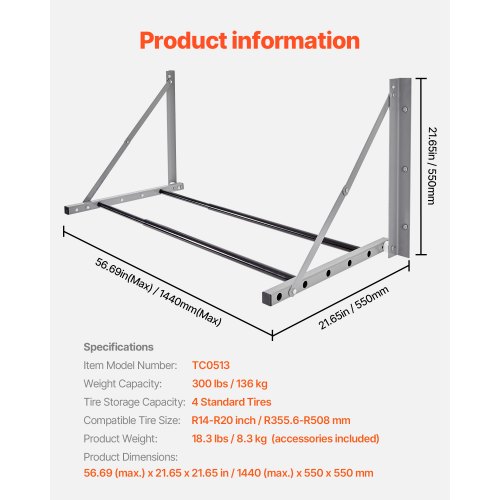 VEVOR Supporto Porta Pneumatici Da Parete Regolabile 787-1440 Mm – Acciaio Q235 Per Ruote Da 355,6 A 508 Mm, Carico Max 181 Kg, Per Garage E Officina