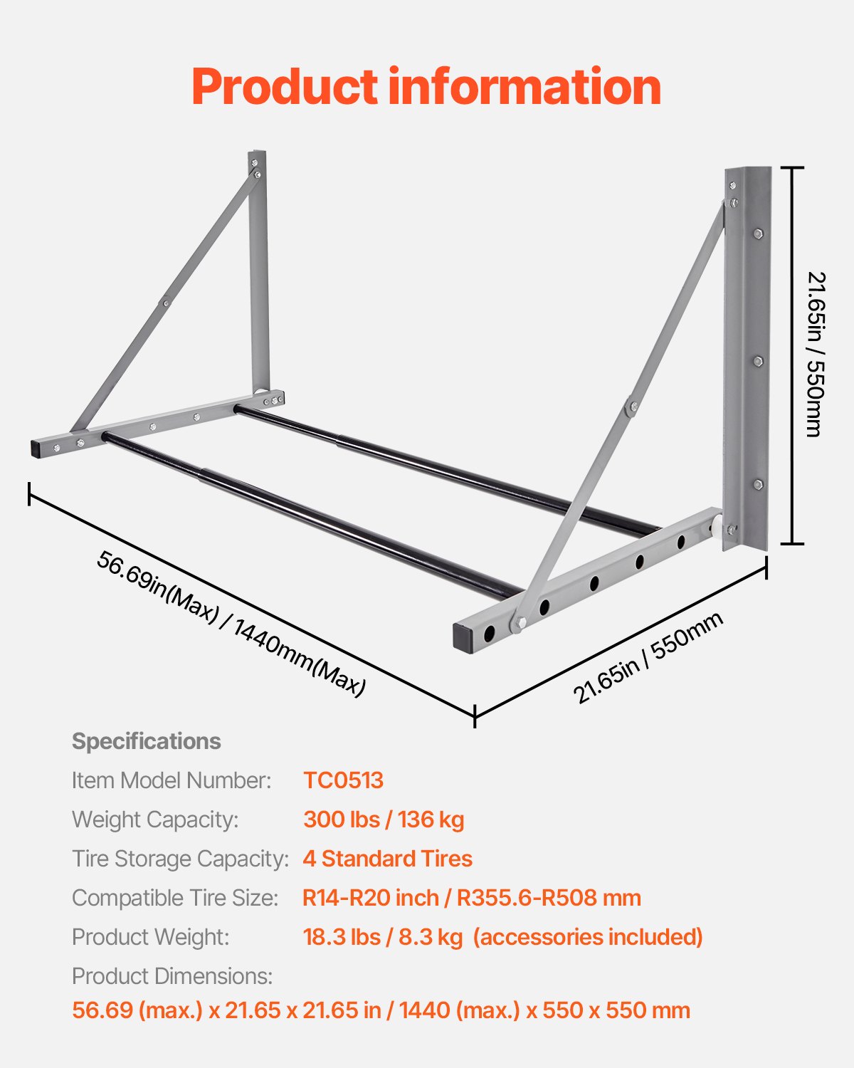 VEVOR Supporto Porta Pneumatici Pieghevole da Parete, Supporto per Pneumatici Regolabile 812-1219ｍｍ in Acciaio Q235 per Pneumatici Standard da R14-R20 Pollici Capacità Carico max. 136kg da Officina